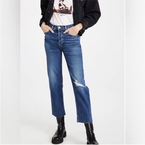Re/Done 70s Stovepipe High Rise Straight Leg Jeans Worn Rich Indigo Distressed